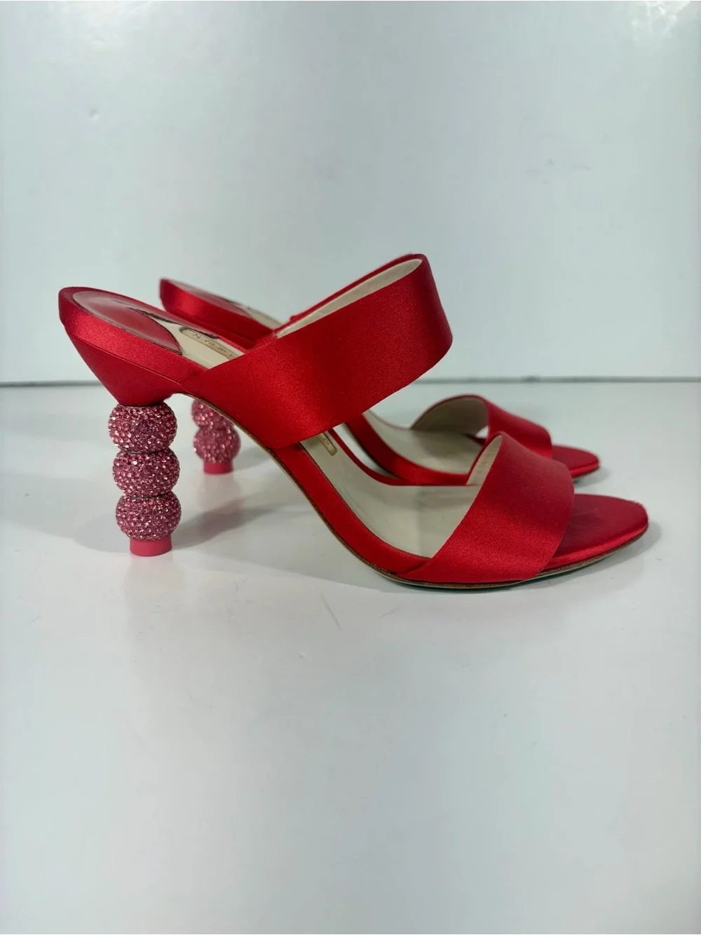 Sophia Webster Red Satin Crystal Bubble Heel Slide Sandals EU 35 / US 5